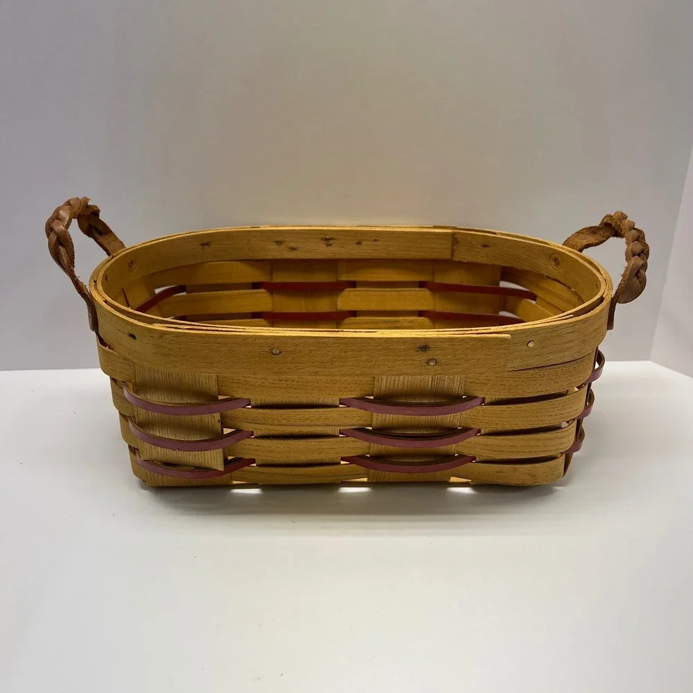 Peterboro Basket Co VTG Yuletide Berry Woven Wood Basket Leather Handle USA Made